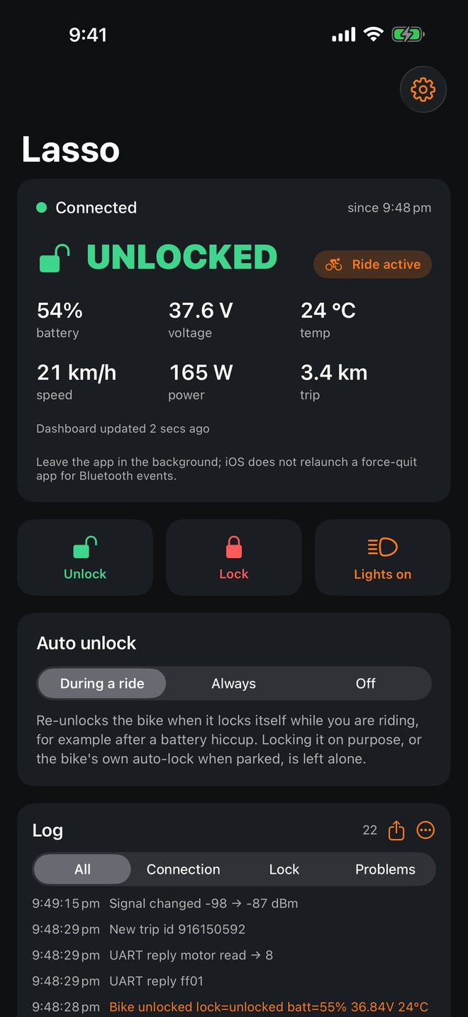 Lasso home screen: connected to the Cowboy, unlocked, 54% battery, 37.6 V, speed and trip