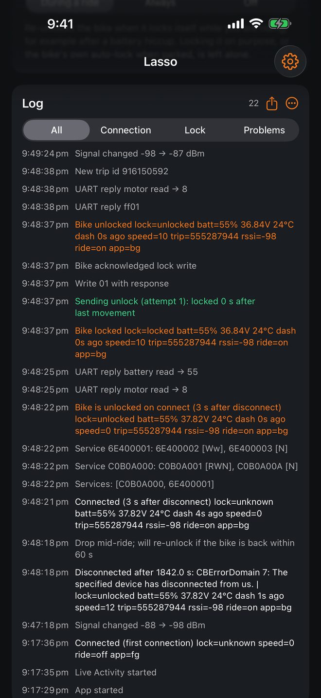 Lasso event log: disconnect, reconnect after 3 seconds, bike locked, unlock sent, bike unlocked