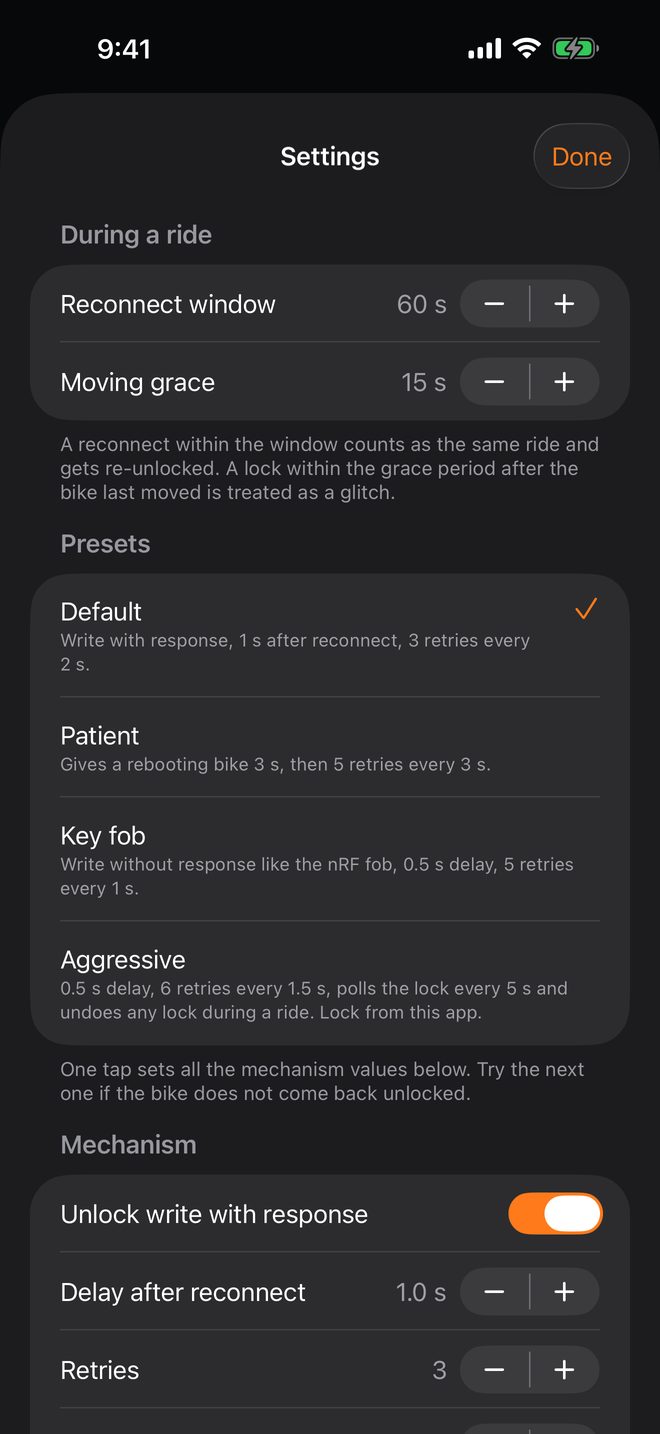 Lasso settings with reconnect window, moving grace and mechanism presets